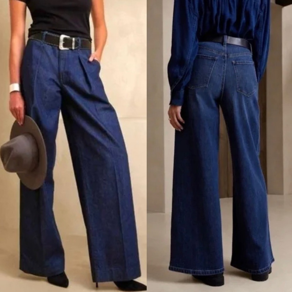 Banana Republic Factory Pleated Wide-Leg Jeans Dark Wash Size 8/10 Preppy Casual